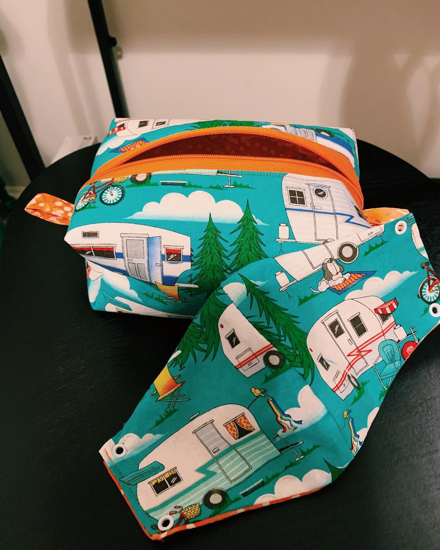 A bag and a mask Emily made during the early days of COVID