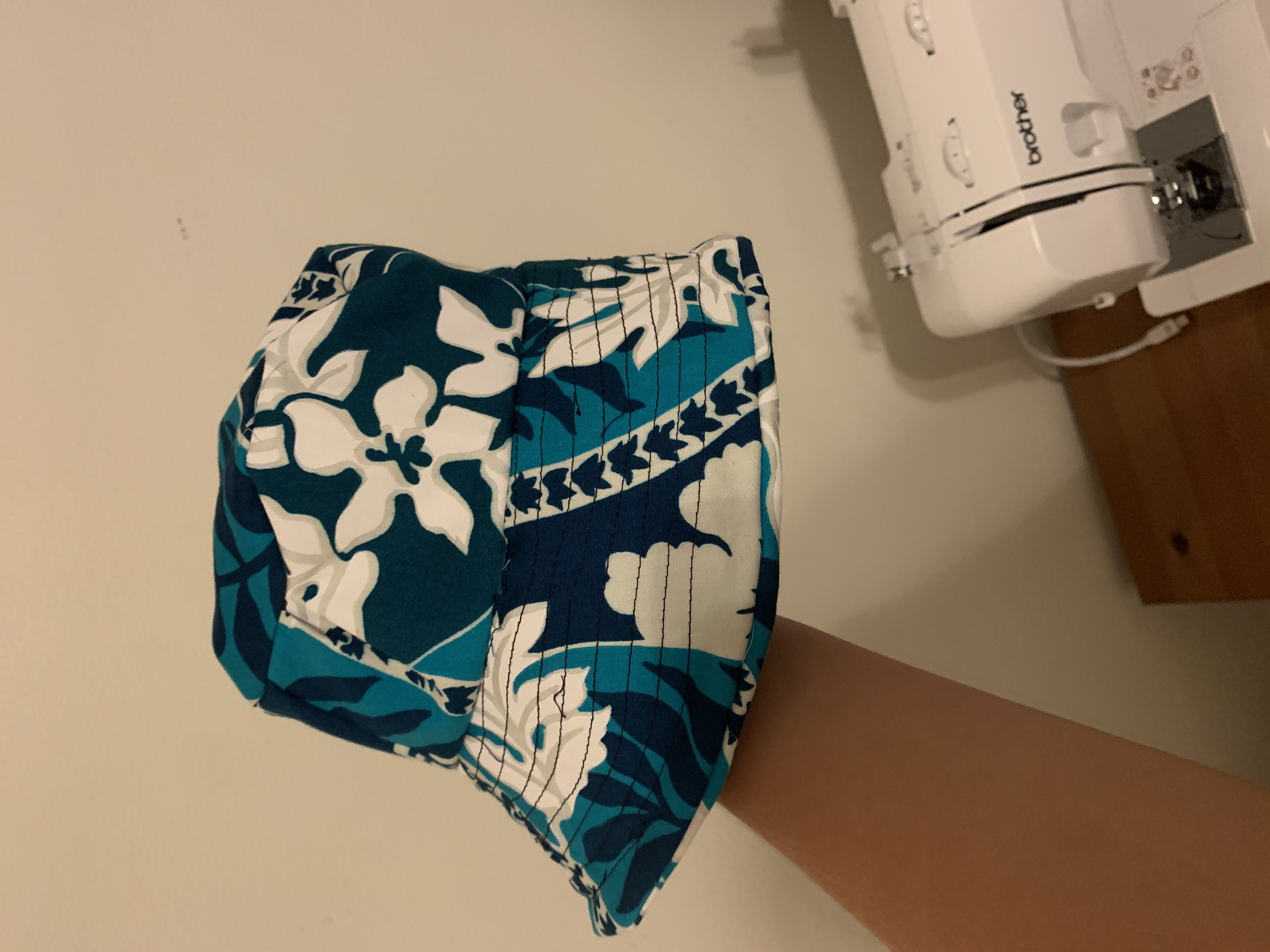 Emily's first attempt at a bucket hat, which did not turn out well