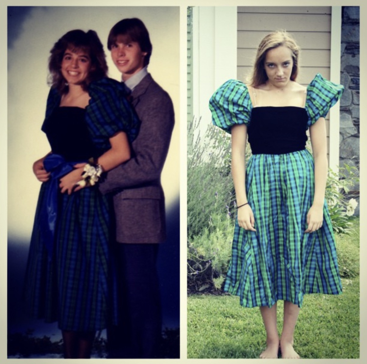 Emily in high school playing dress up in her mom's old prom dress, which Nanni made