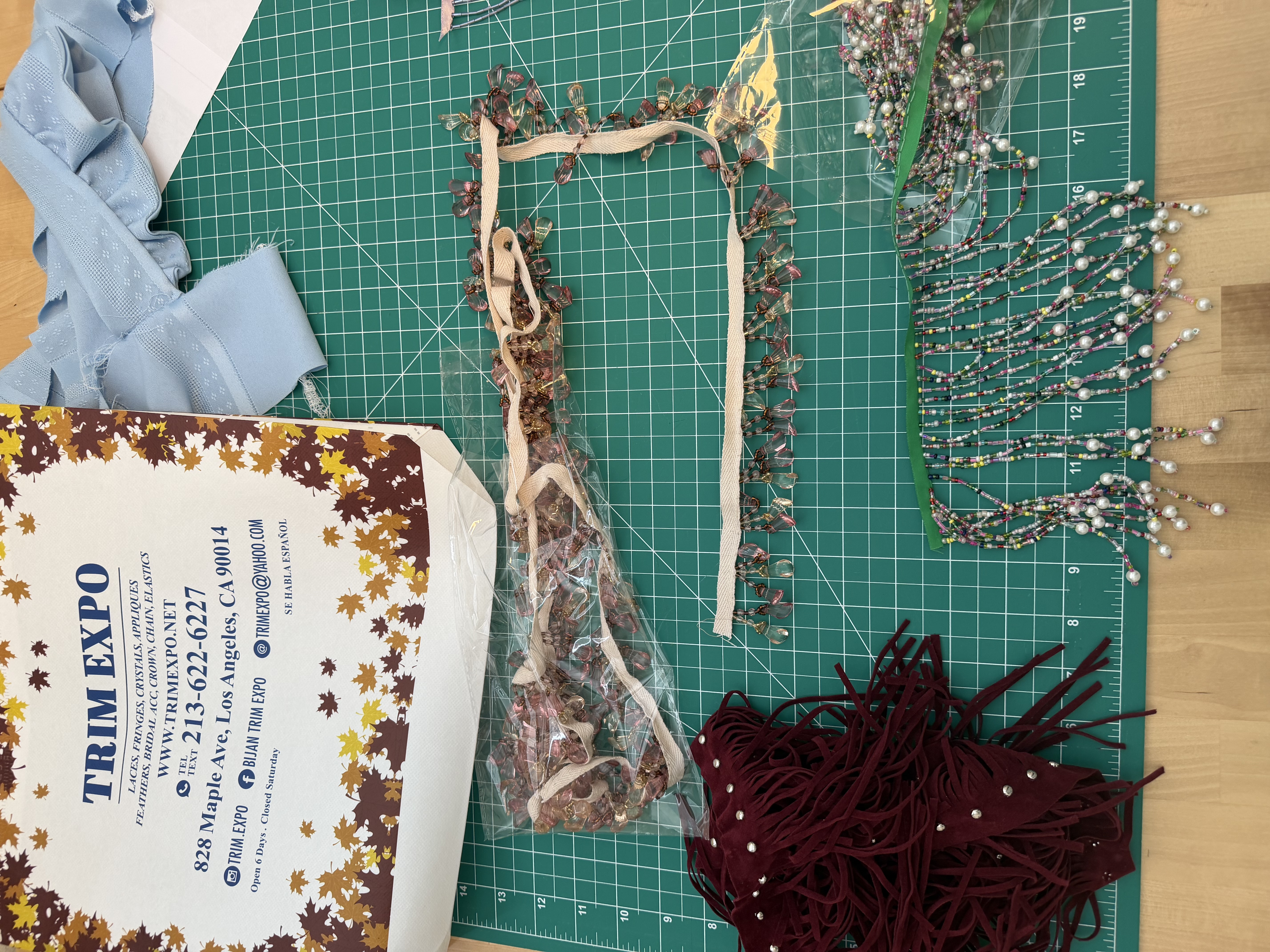 Trim haul from Trim Expo, including suede fringe and beaded options