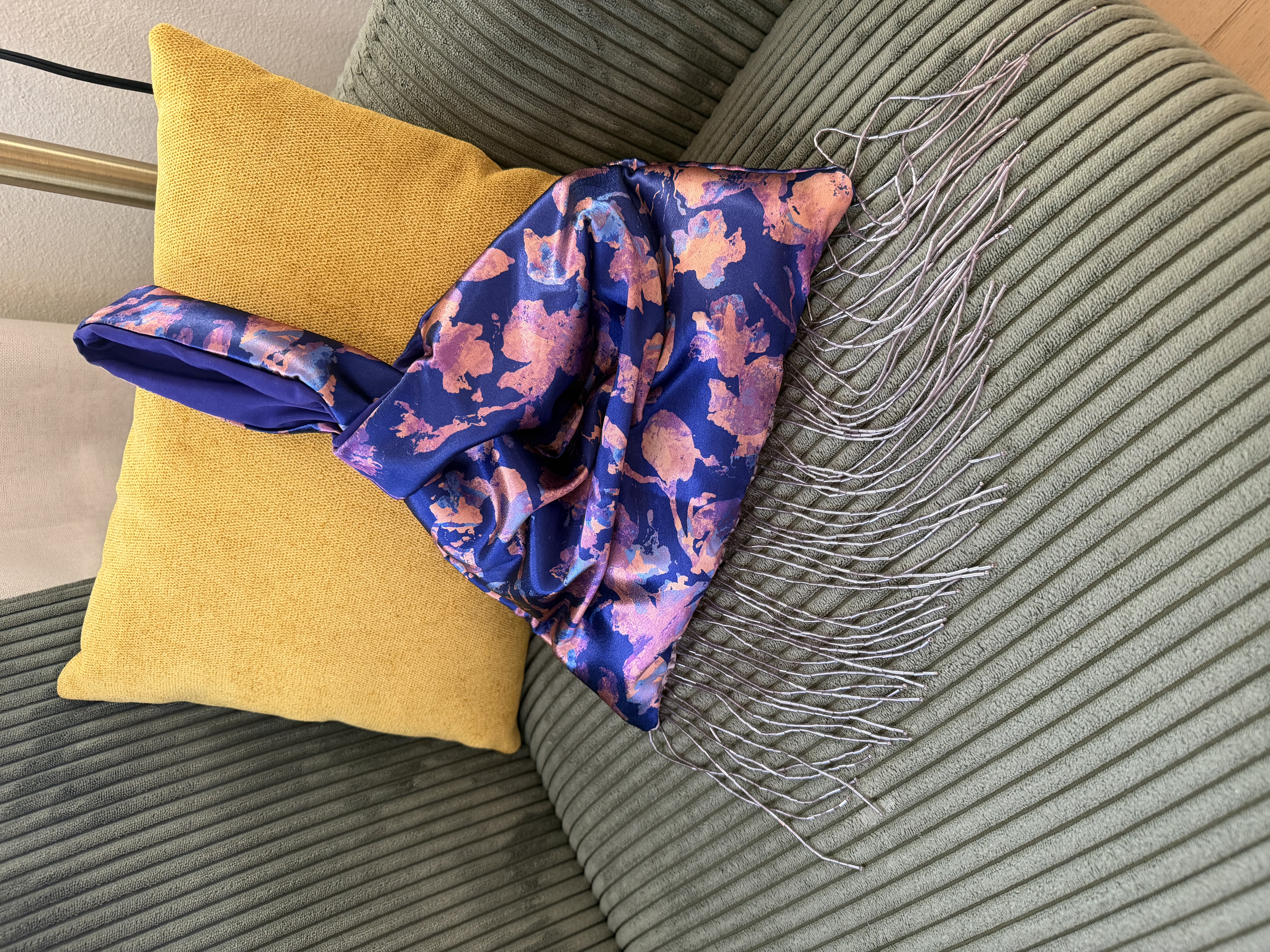 Finished Japanese knot bag in purple metallic fabric with lavender beaded trim