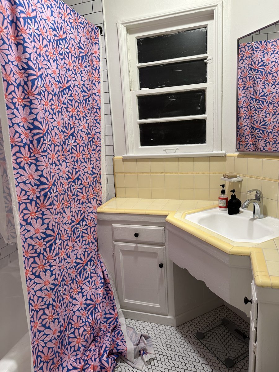 Two fabric options for the shower curtain laid out side by side