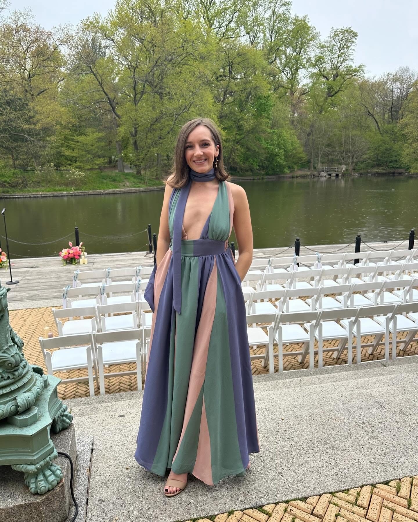 Emily wearing the finished Edith dress at her friend's wedding in New York