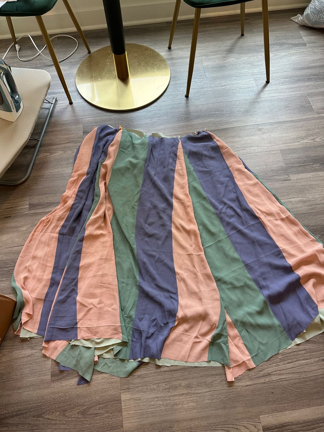 The skirt panels laid out with intentional stripe placement