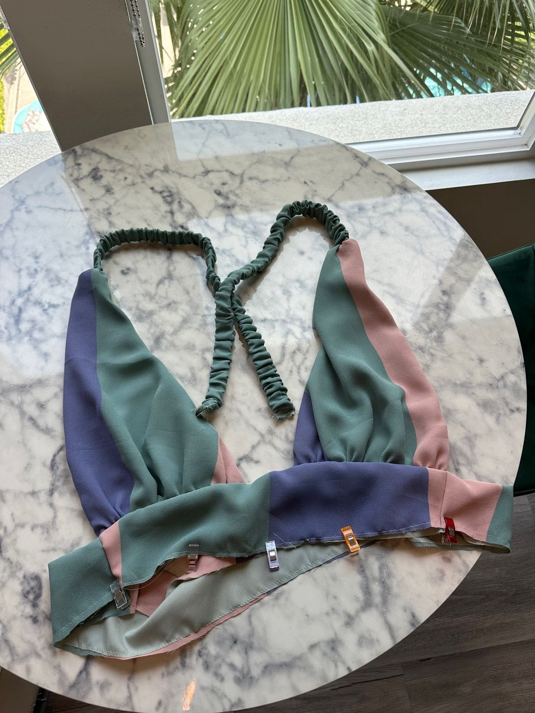 The completed top piece with waistband and elastic straps