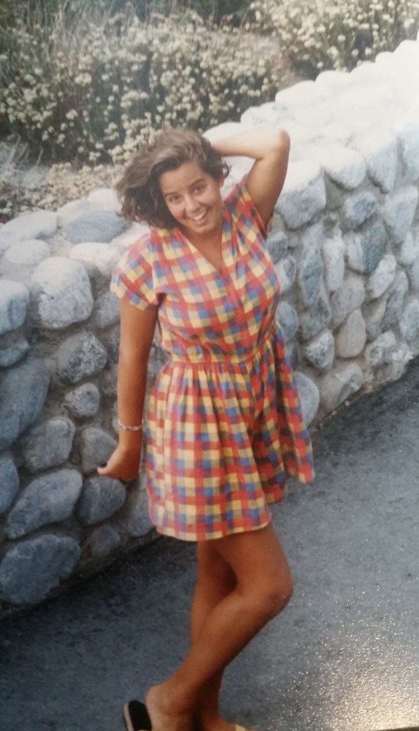 Emily's mom wearing a retro romper she sewed for herself