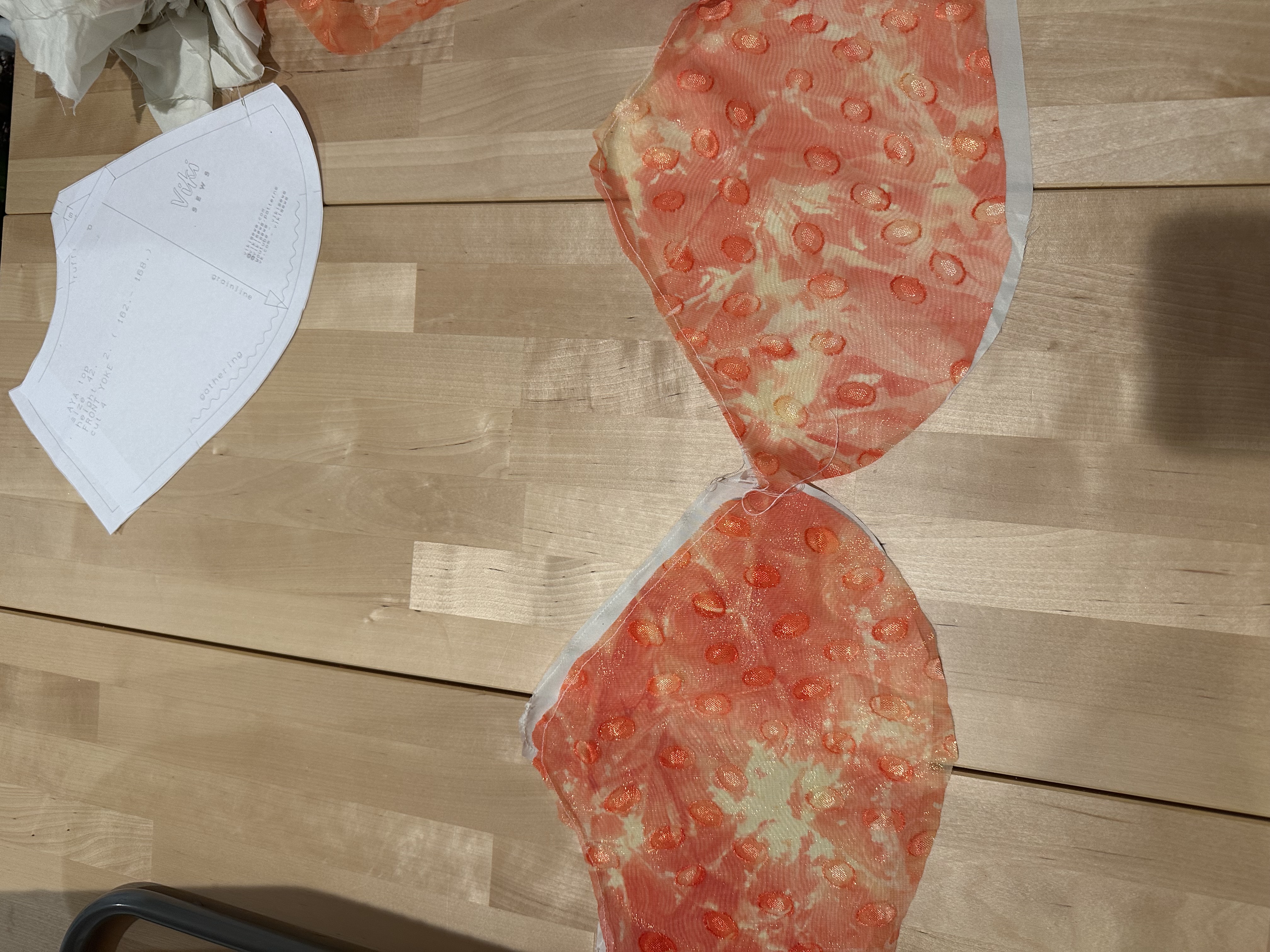 The two cup pieces cut out next to the Vikisews pattern pieces