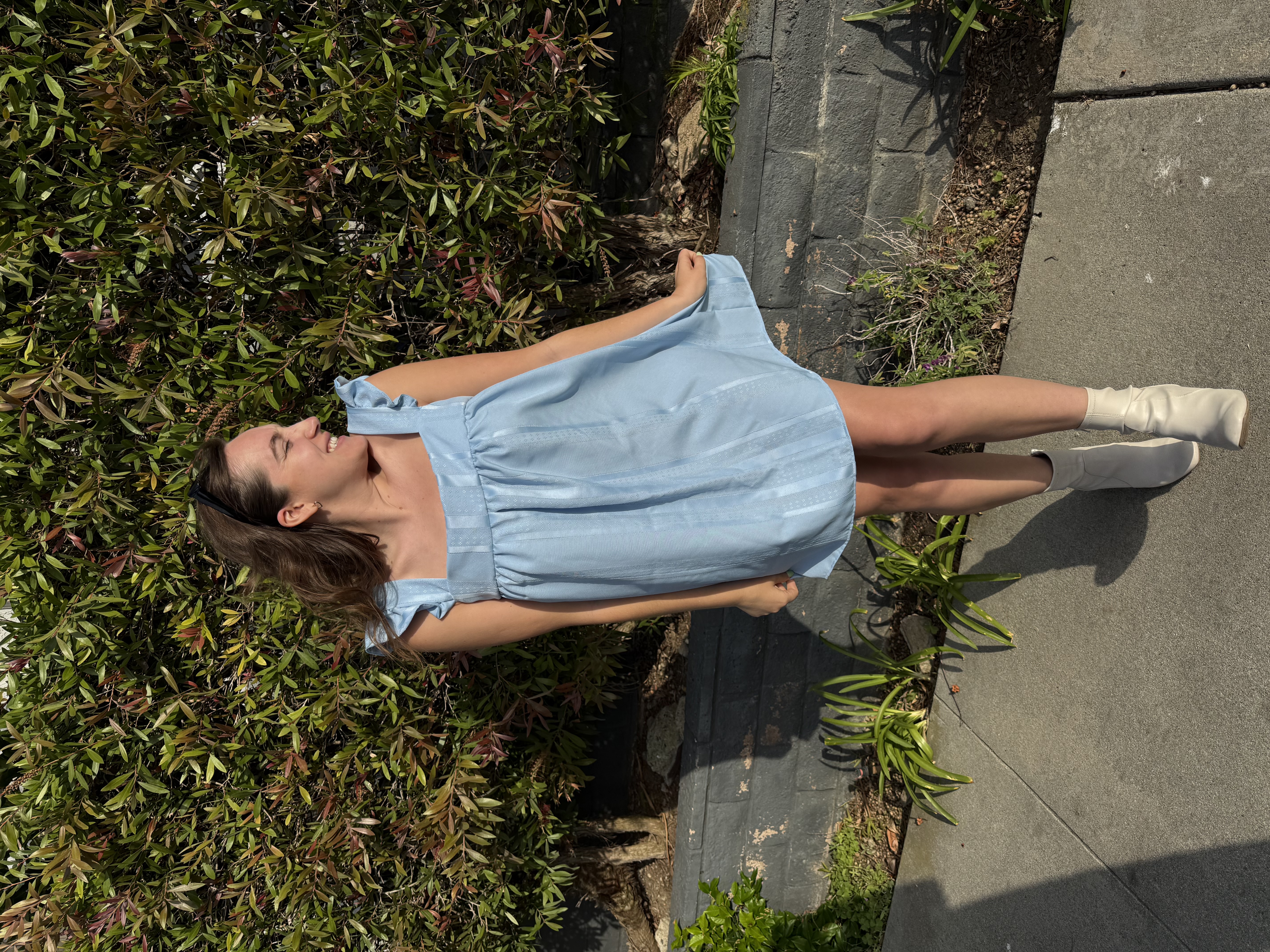 Another shot of the finished 70s-style mini dress made from the vintage tablecloth