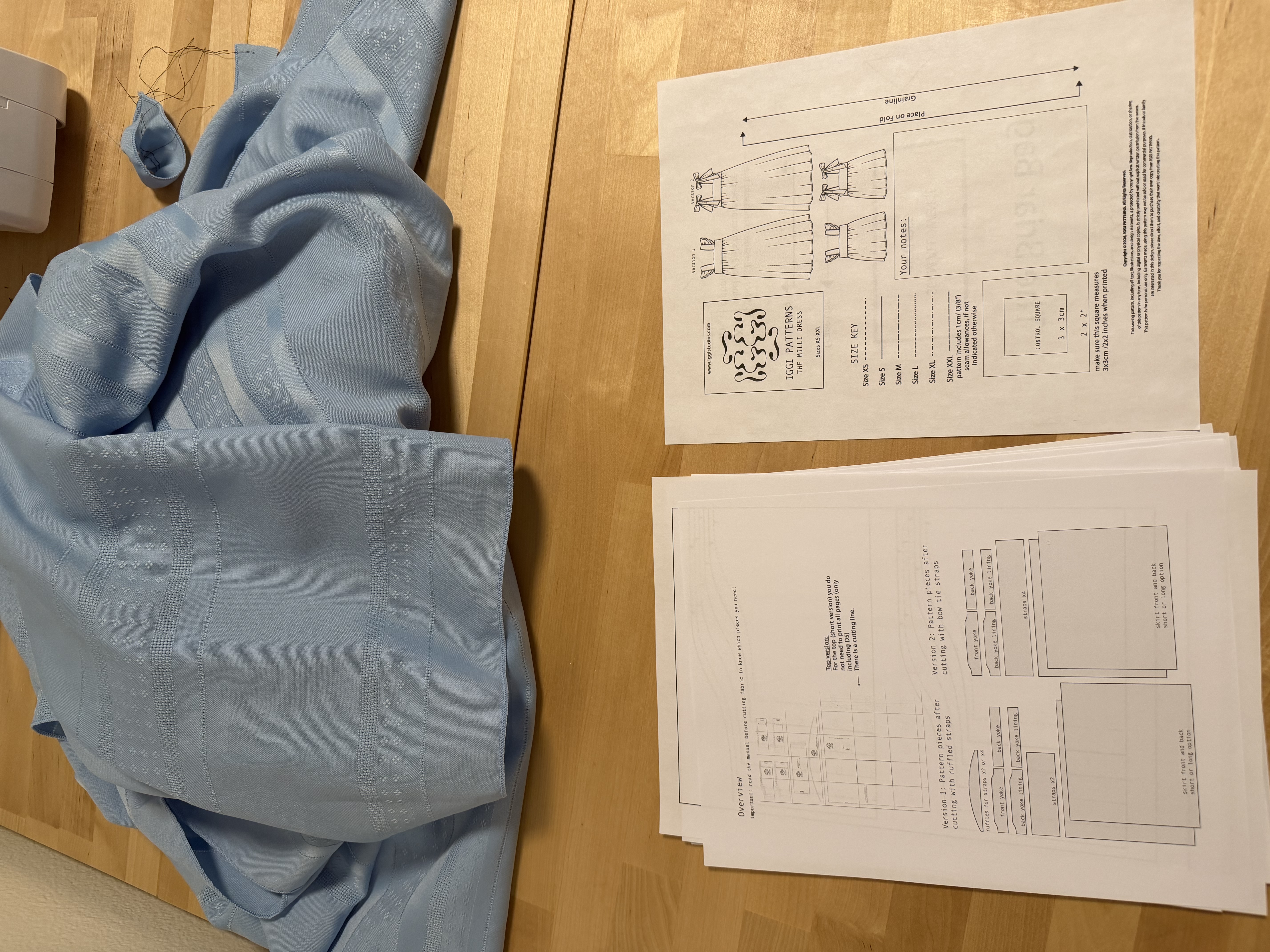 The vintage blue tablecloth laid out next to the printed pattern