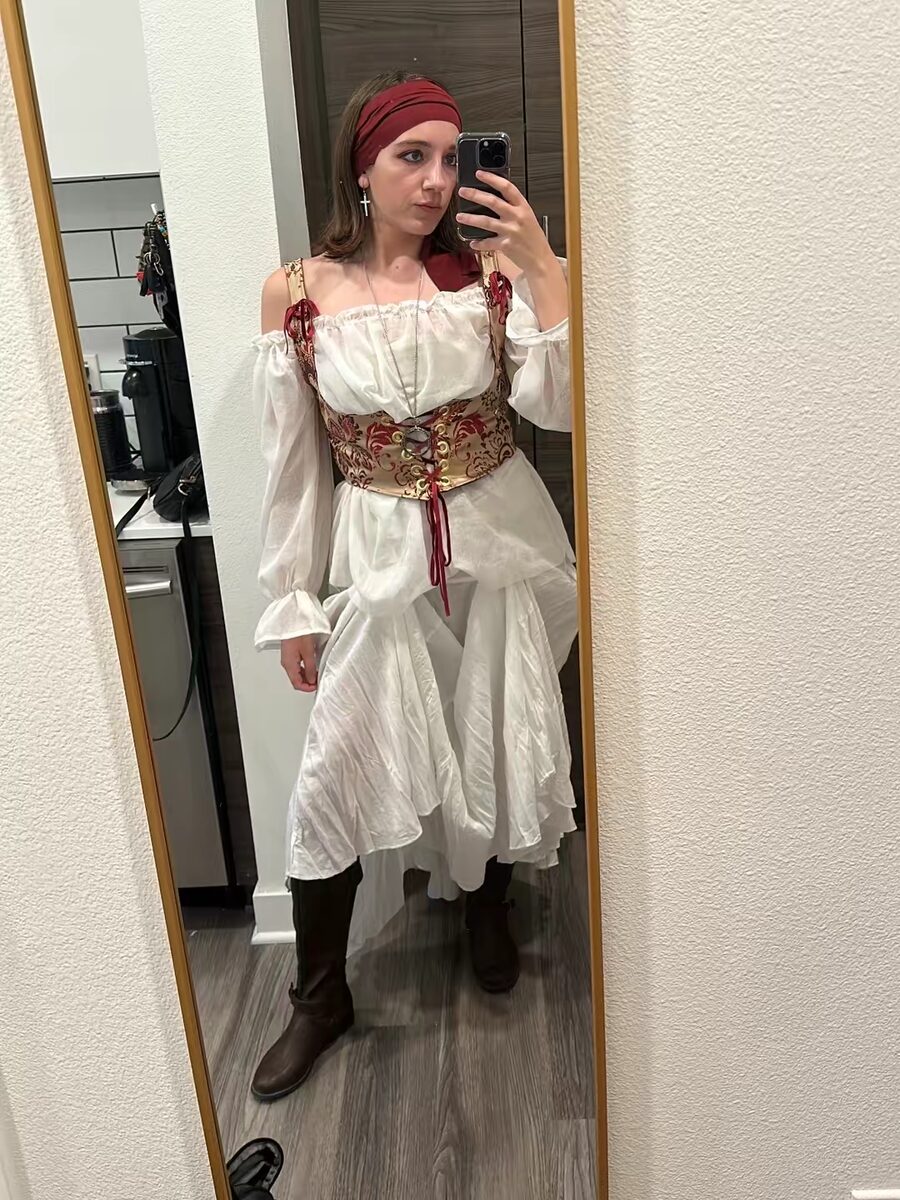 Emily in her handmade renaissance faire corset and blouse