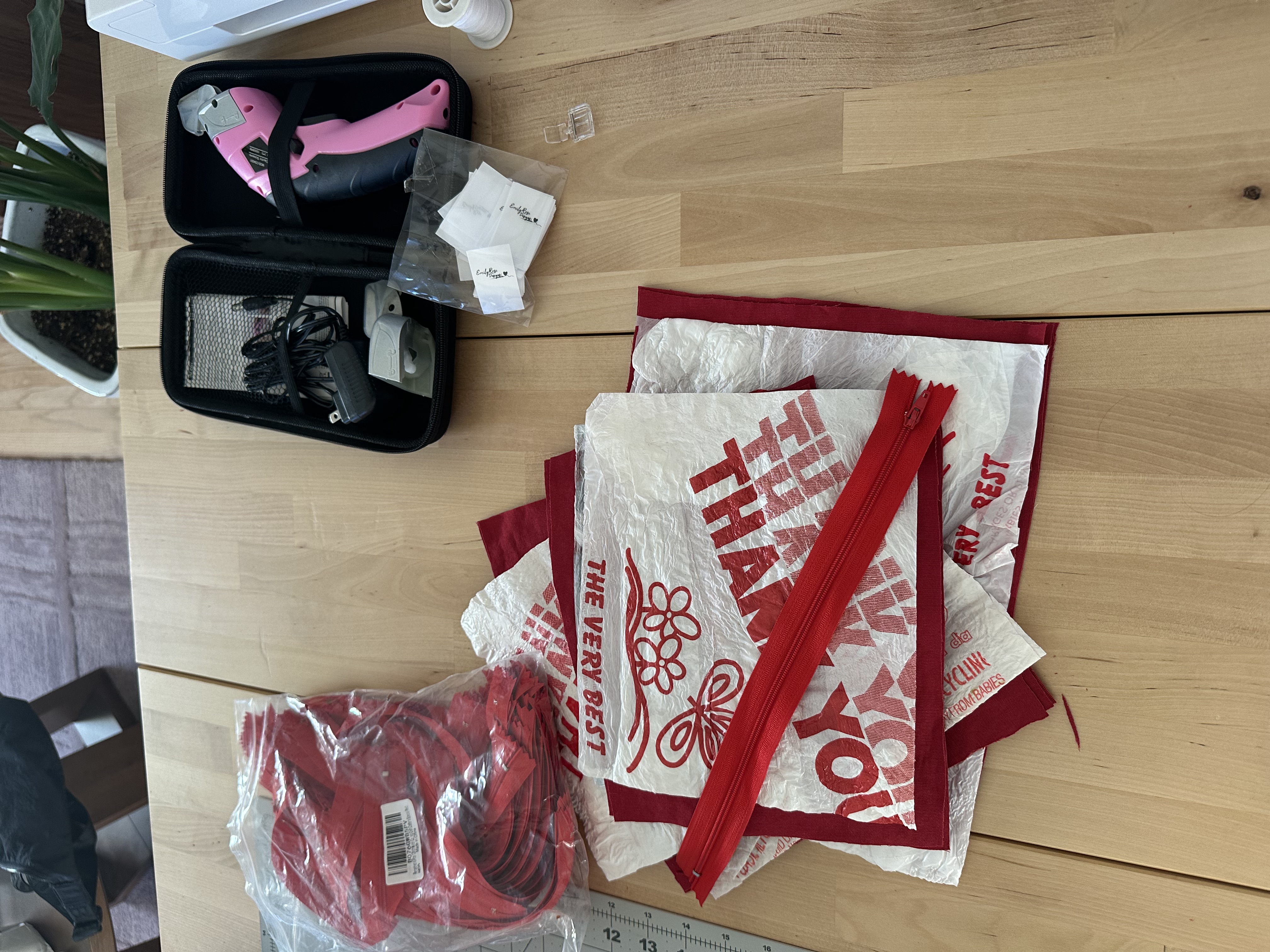 Fused plastic pieces laid out and ready to sew into pouches